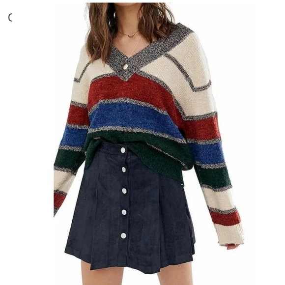RAGA Sweaters - RAGA striped oversized boxy cut v-neck striped shimmery color block sweater S
